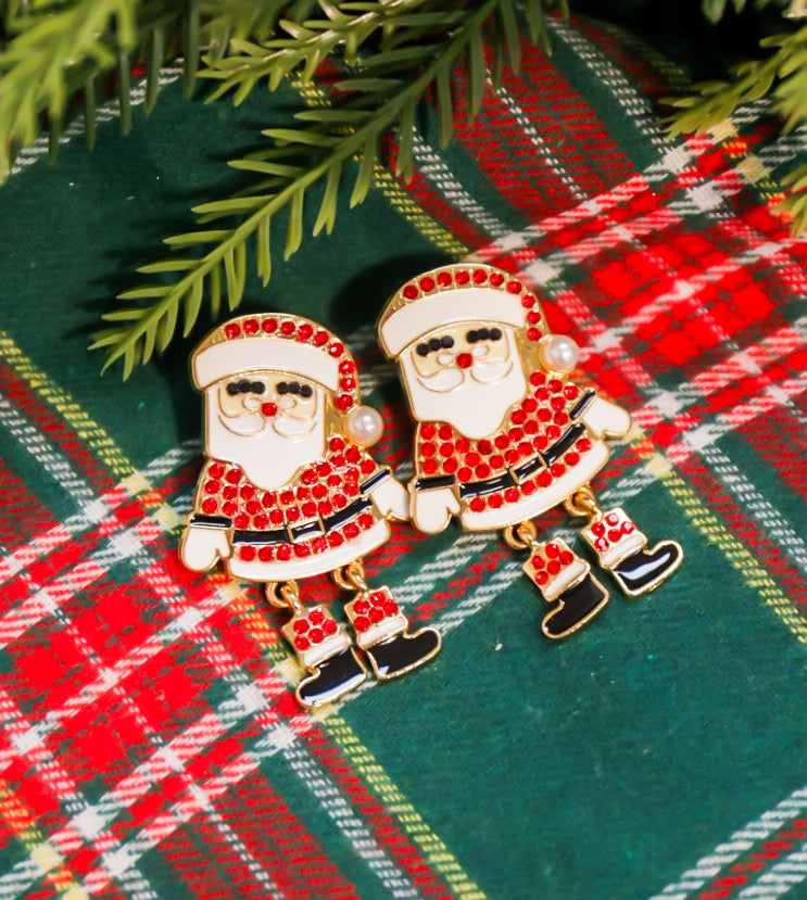 Rhinestone studded Santa drop dangle earrings in red.