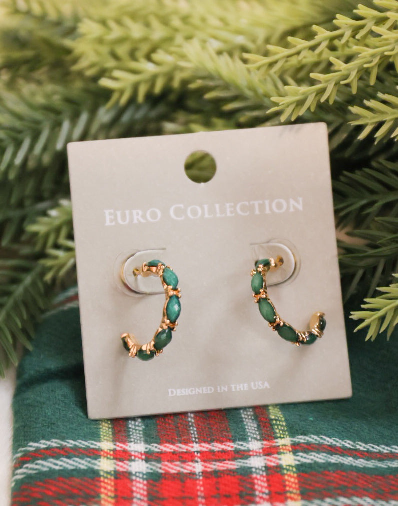 Green rhinestone studded hoop drop earring.