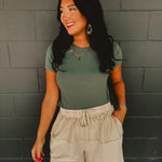 Round neck short sleeve ribbed material top in teal green.