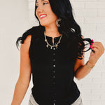 Ribbed button up black tank top.