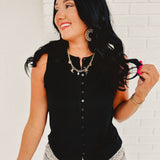 Ribbed button up black tank top.