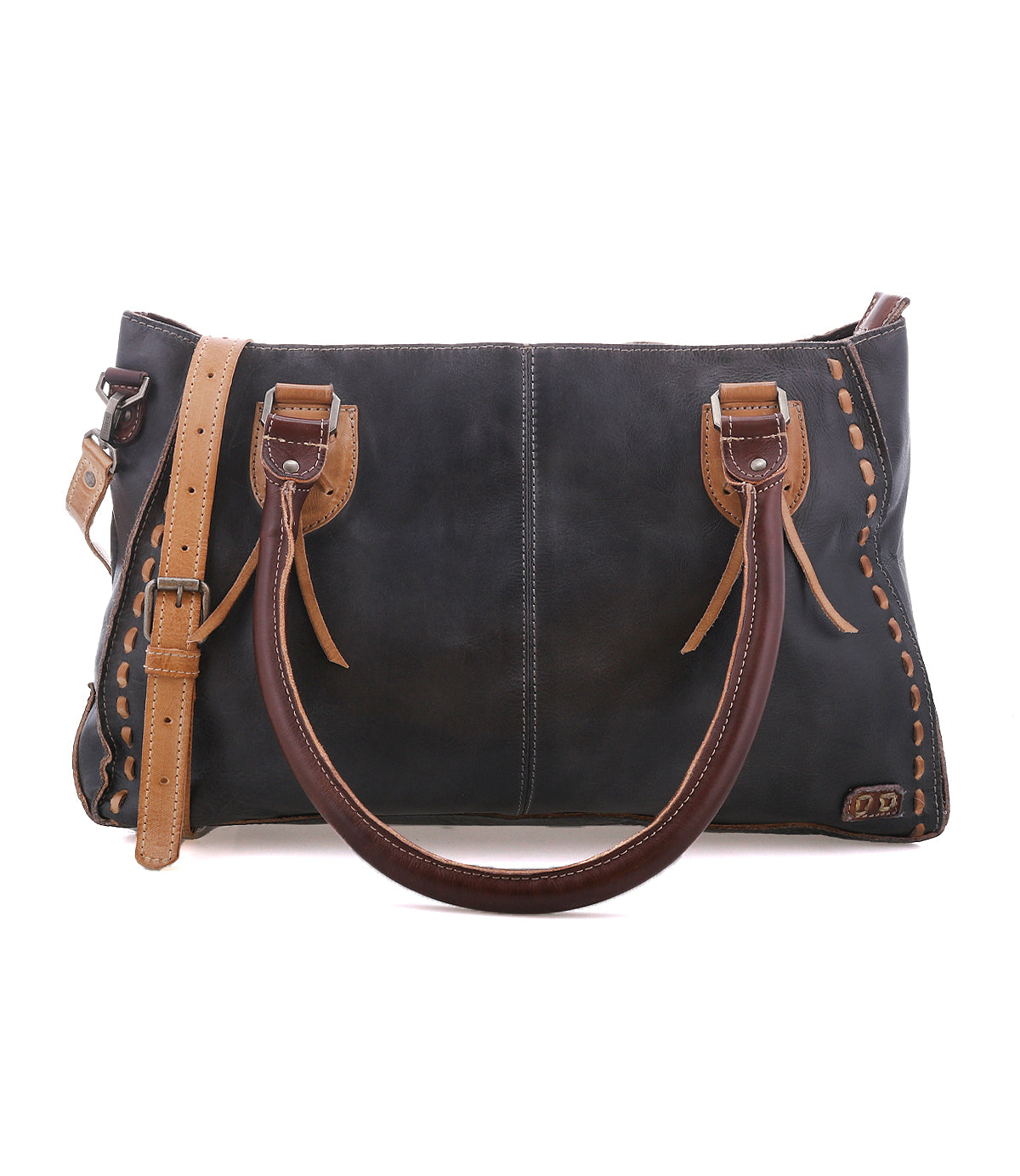 BedStu Rockababy bag in Java Rustic, dark vegetable-tanned leather with brown top handles and a tan adjustable crossbody strap