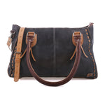 BedStu Rockababy bag in Java Rustic, dark vegetable-tanned leather with brown top handles and a tan adjustable crossbody strap