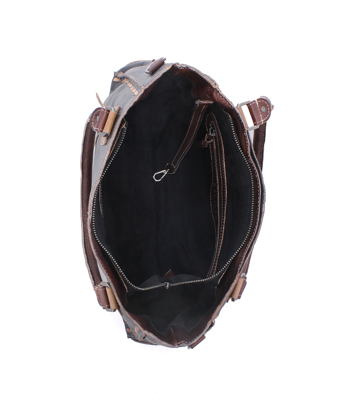 Open Java Rustic Rockababy showing the organic cotton lining, interior zip pocket, and slip pockets