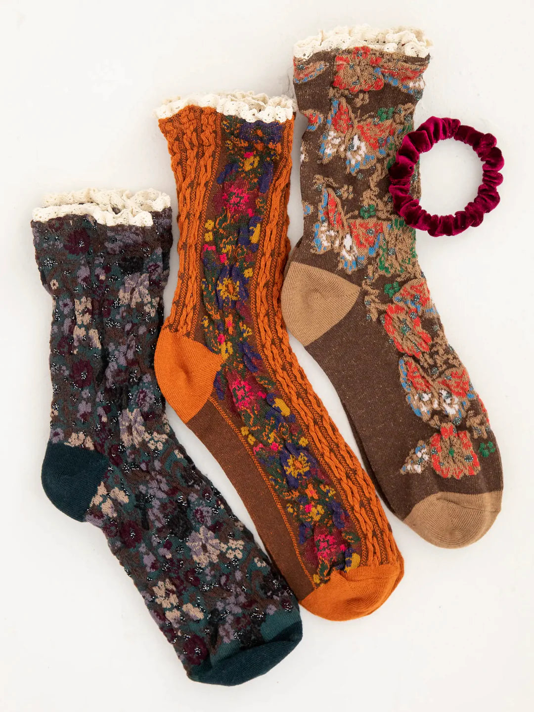 Natural Life Blossom Crew Socks & Scrunchie, Set of 3 - Rust - Lace and Grace Boutique