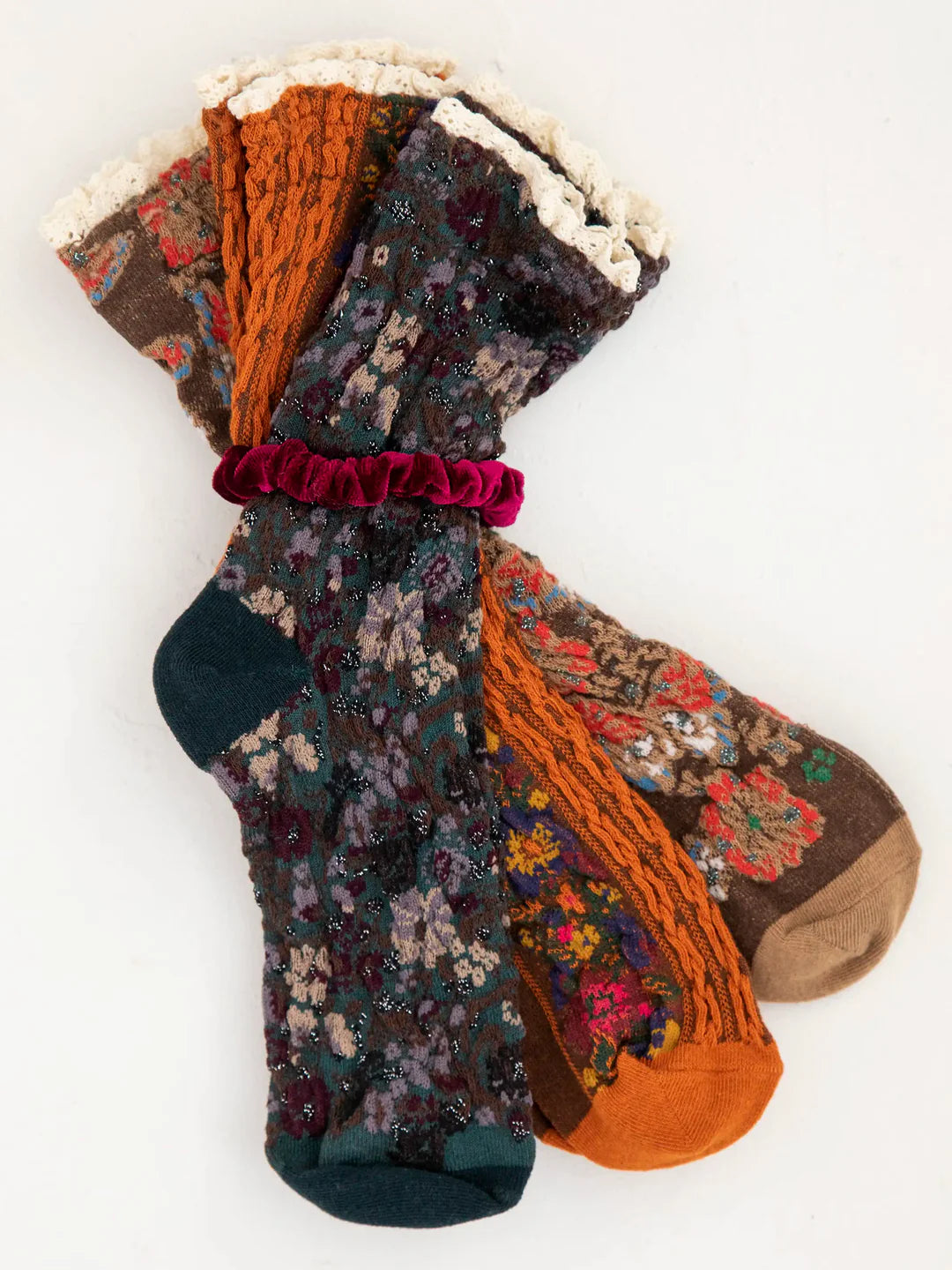 Natural Life Blossom Crew Socks & Scrunchie, Set of 3 - Rust - Lace and Grace Boutique