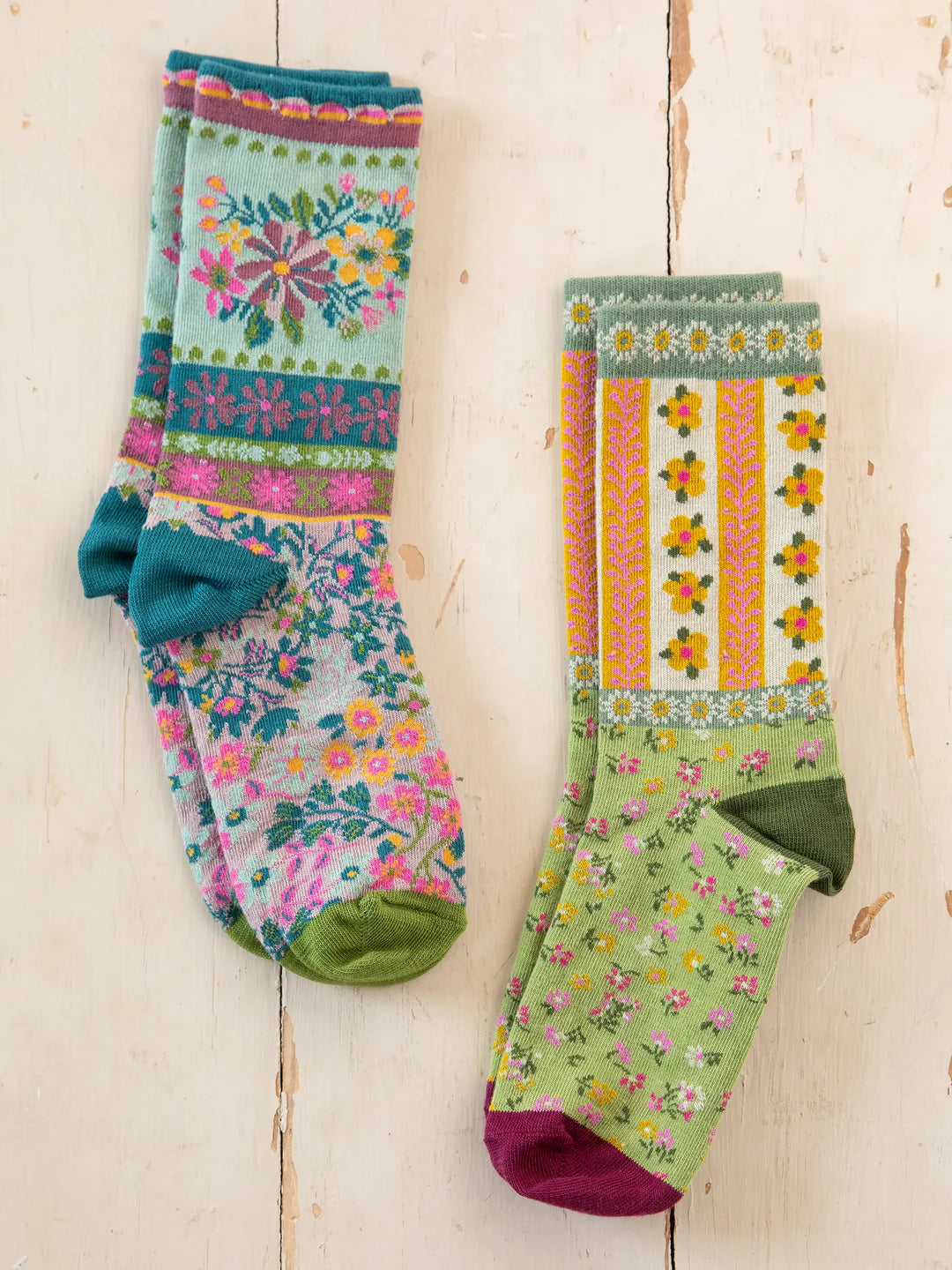 Natural Life Boho Sock, Set of 2 - Floral Pink Green - Lace and Grace Boutique