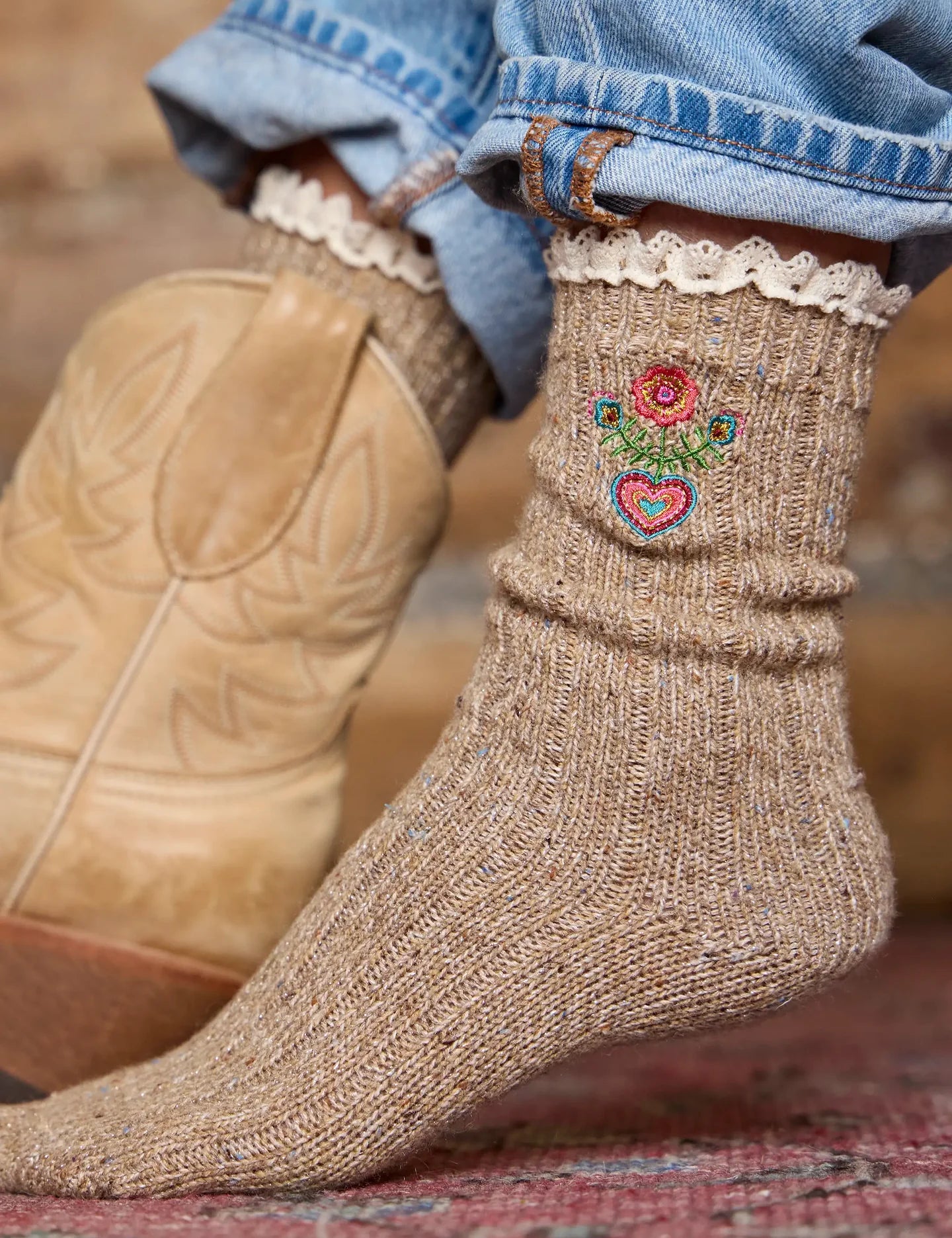 Natural Life Little Things Embroidered Socks - Folk Flower - Lace and Grace Boutique