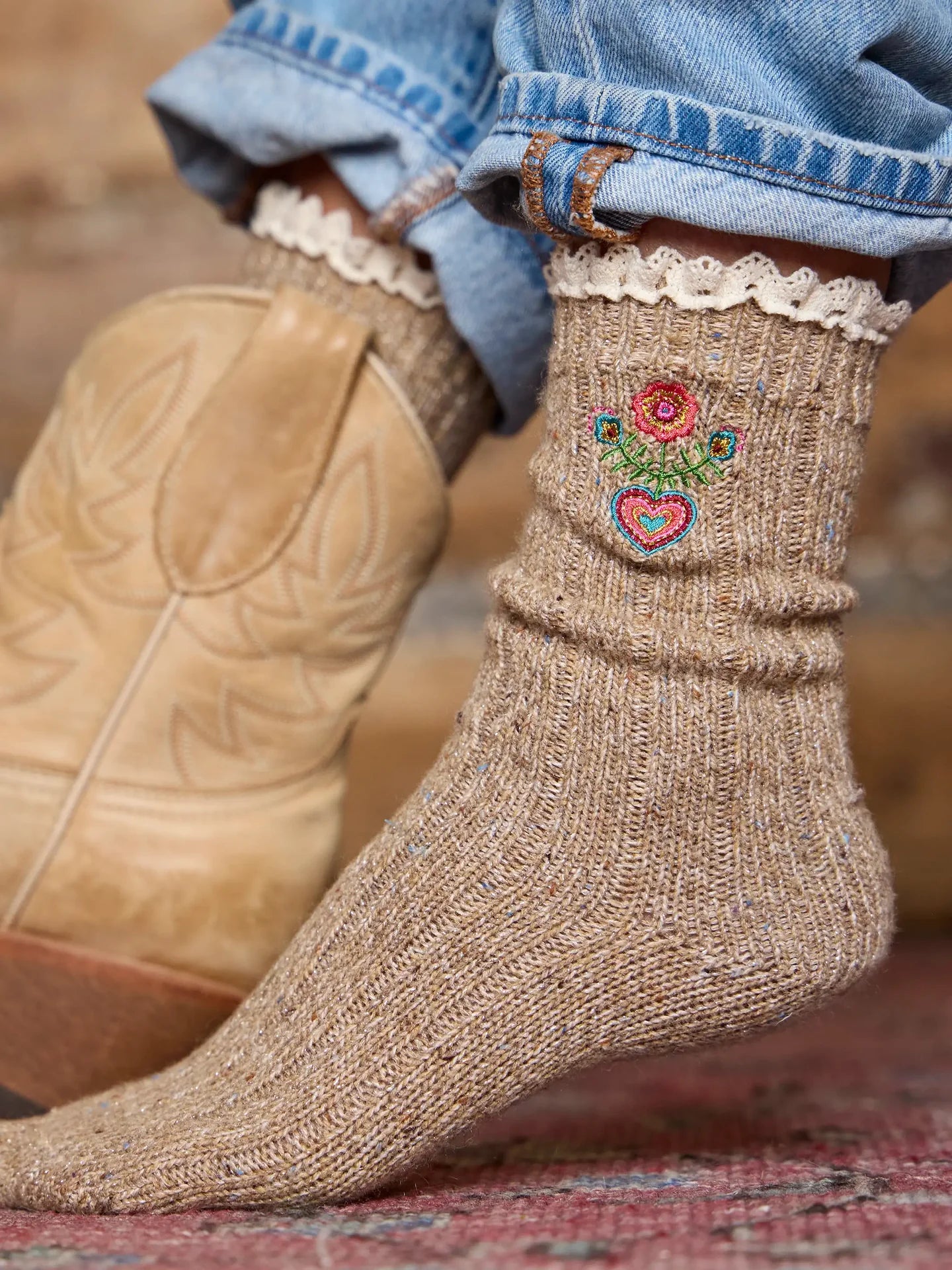 Natural Life Little Things Embroidered Socks - Folk Flower - Lace and Grace Boutique