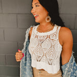 One size square neck cropped crochet tank with scalloped edges in white.