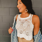 One size square neck cropped crochet tank with scalloped edges in white.