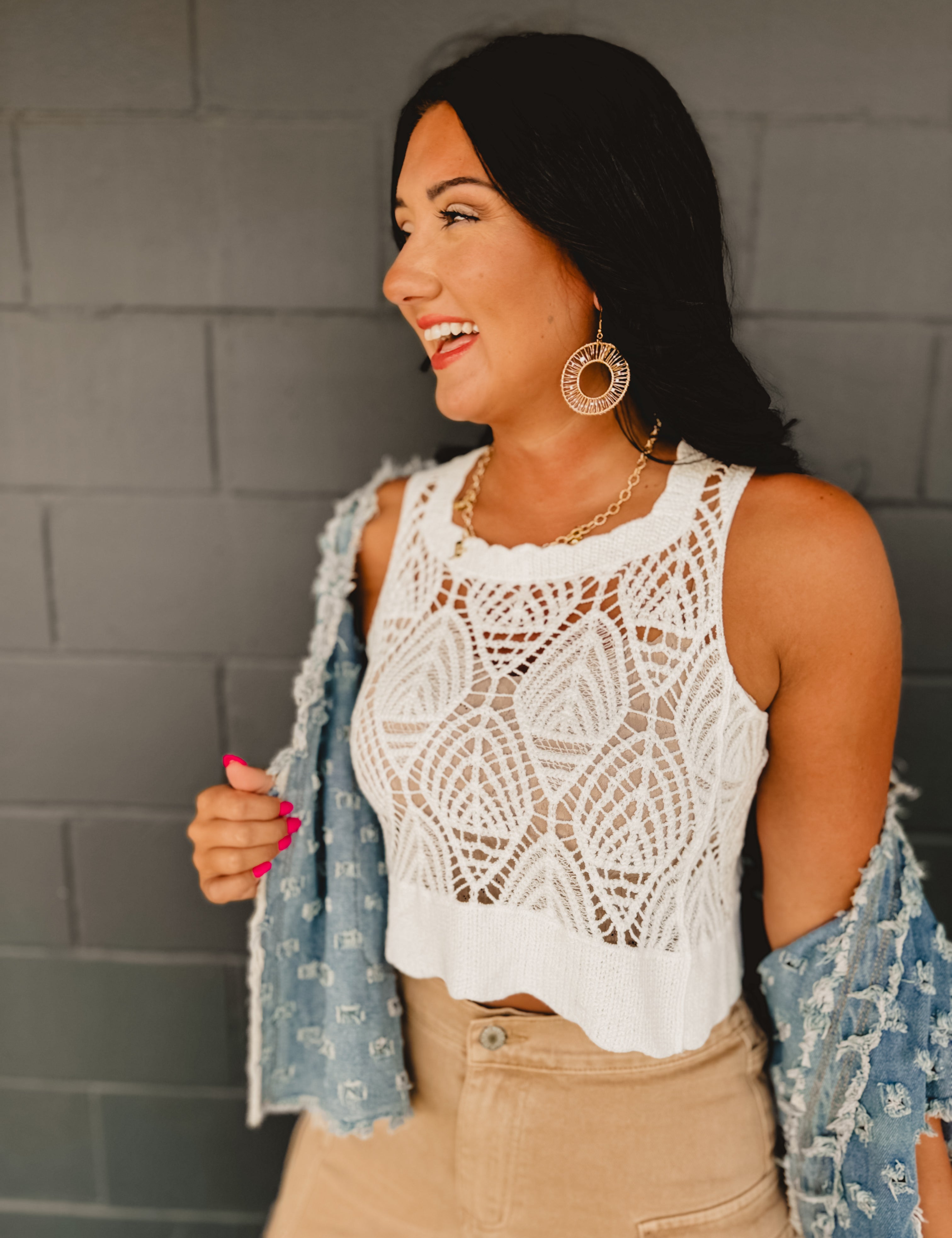 One size square neck cropped crochet tank with scalloped edges in white.