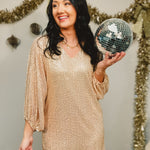 Sequin balloon sleeve v-neck mini dress in gold.