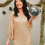 Sequin balloon sleeve v-neck mini dress in gold.