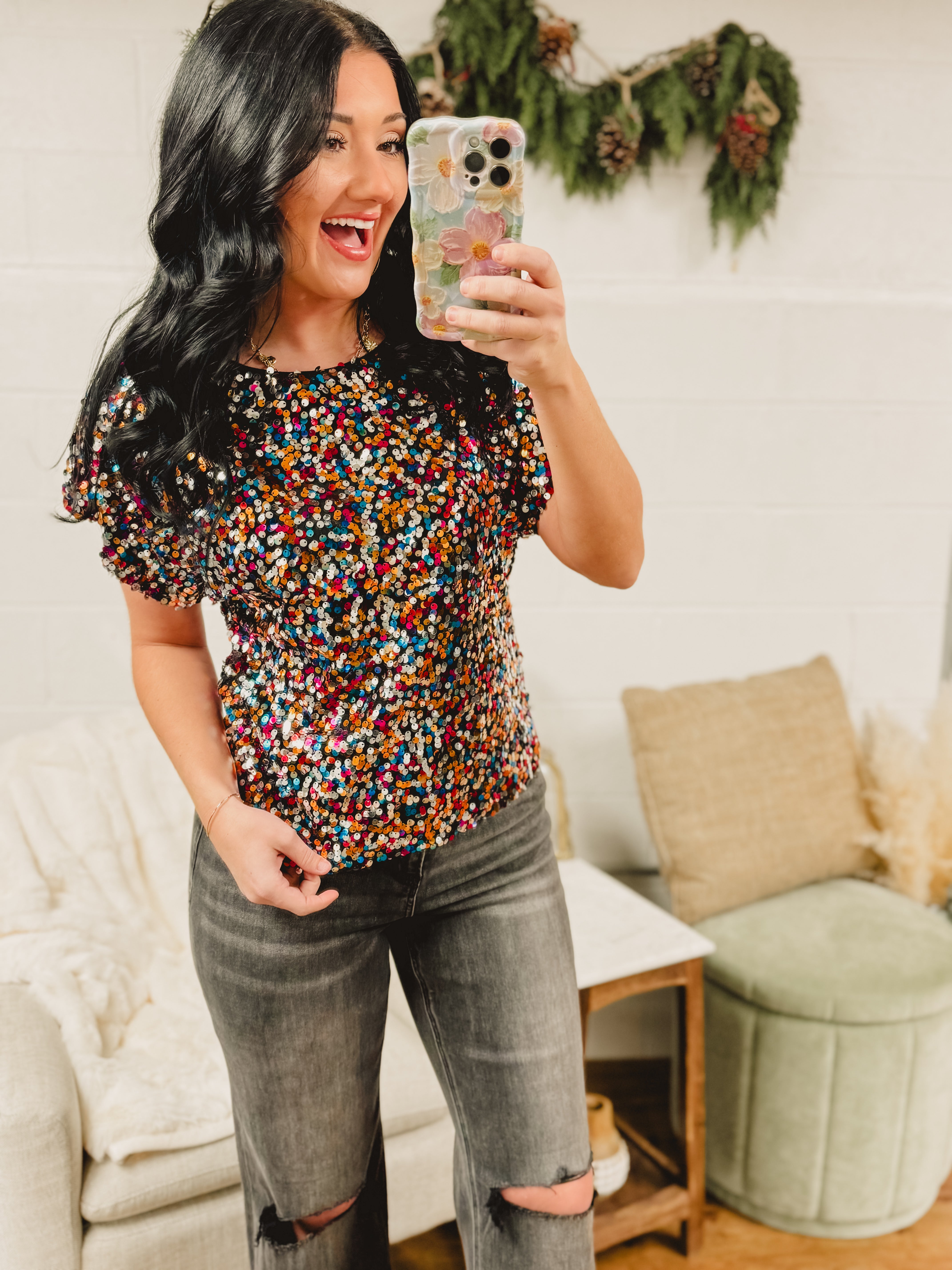 Sequin boat neck dolman sleeve top in multicolor.