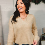 Shawl v-neck pullover knit sweater in the color taupe.