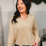 Shawl v-neck pullover knit sweater in the color taupe.