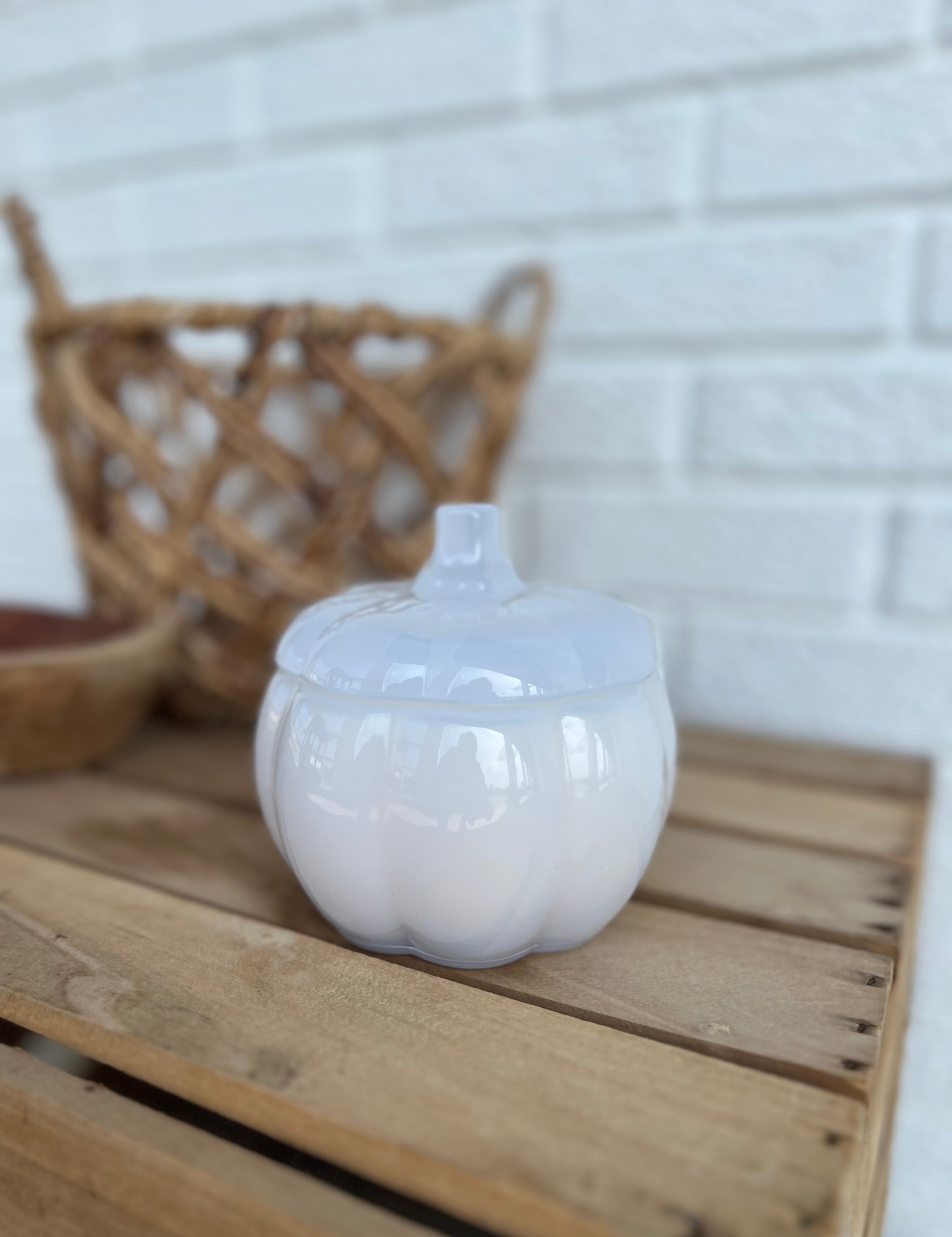 Simply Modern white glass pumpkin shaped candle in the scent Pumpkin Pecan Waffles.