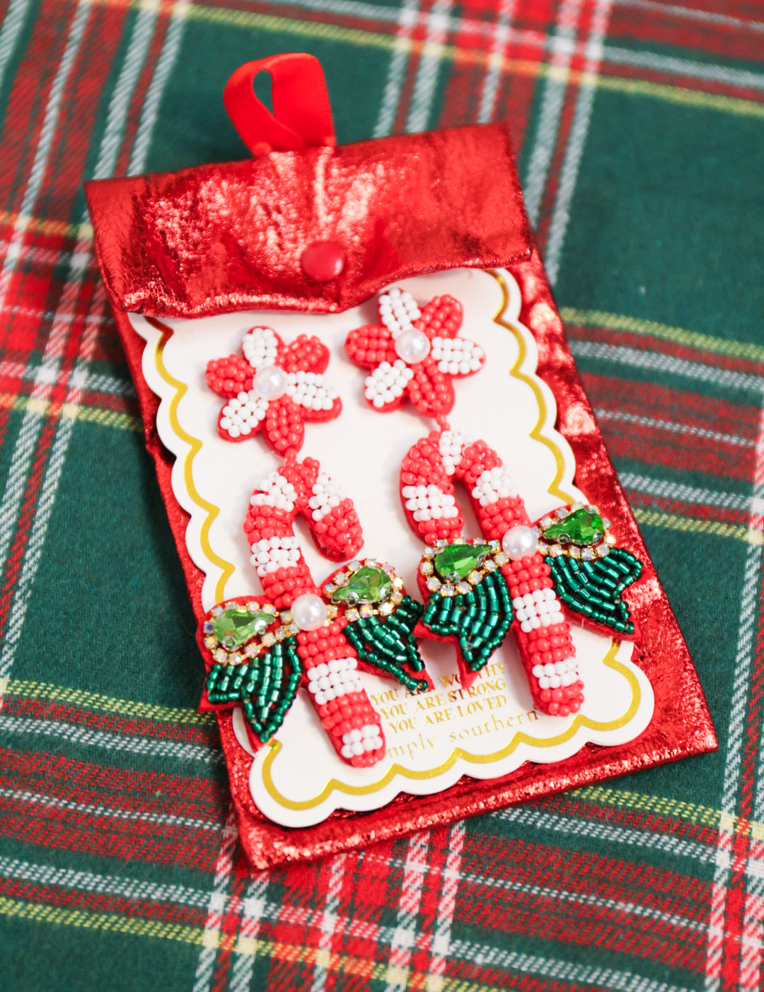 Simply Southern beaded candy cane drop earrings.