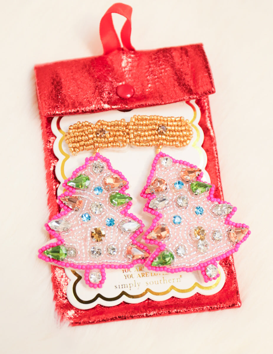 Simply Southern faceted beaded Christmas tree drop earrings in multicolor.