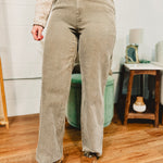 Corduroy snow washed olive wide leg high rise pants.