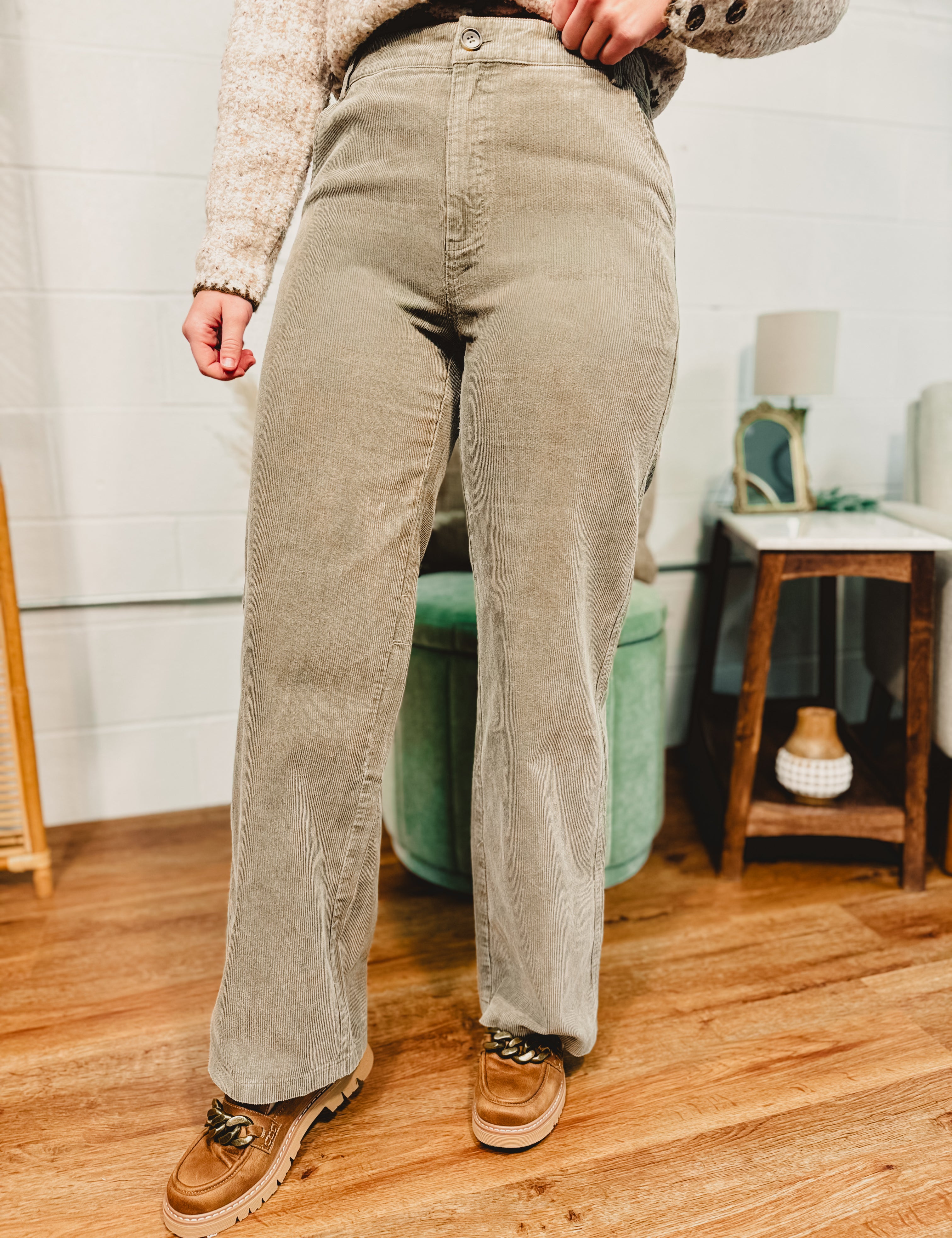 Corduroy snow washed olive wide leg high rise pants.
