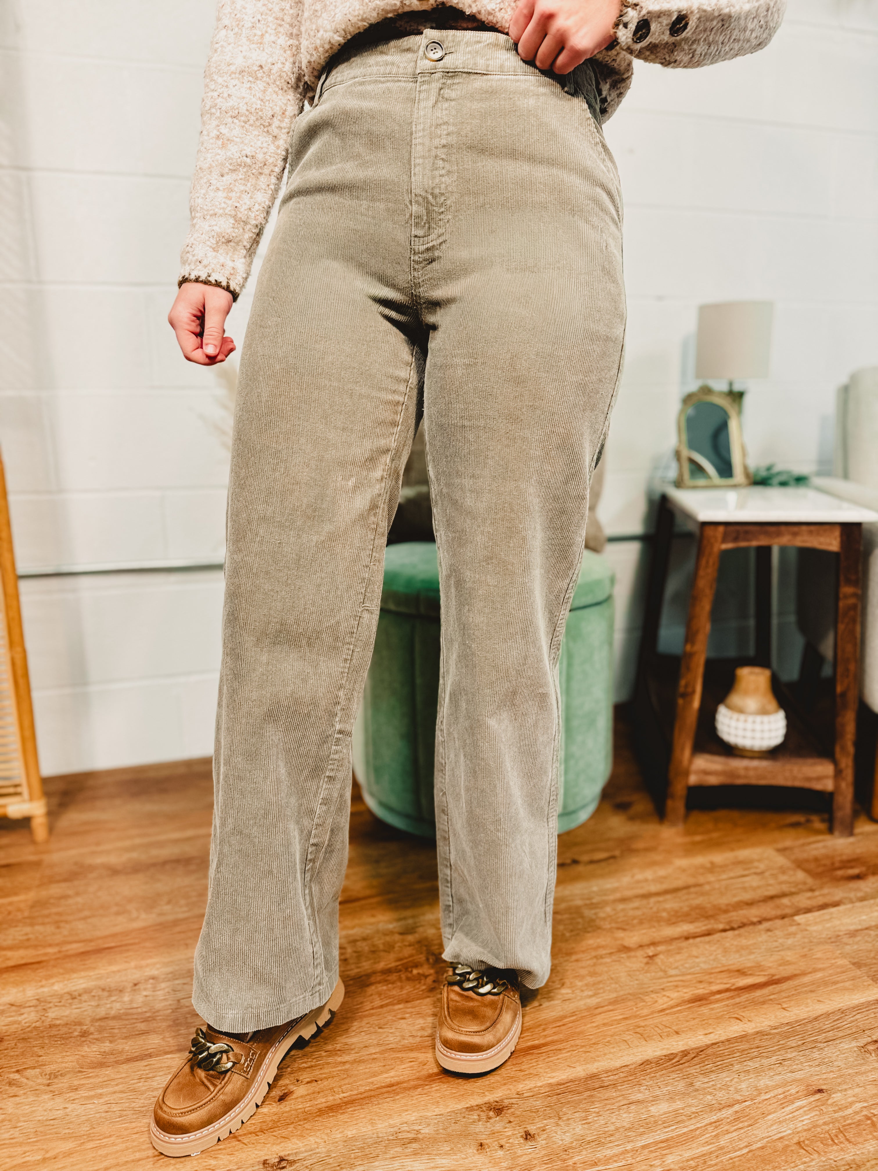 Corduroy snow washed olive wide leg high rise pants.