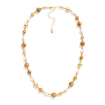 Brown hue stones, pearl, and gold beaded necklace with adjustable fit.