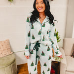 Striped Christmas tree pajama set in light blue/green.