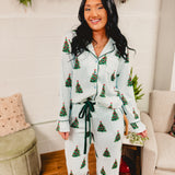 Striped Christmas tree pajama set in light blue/green.