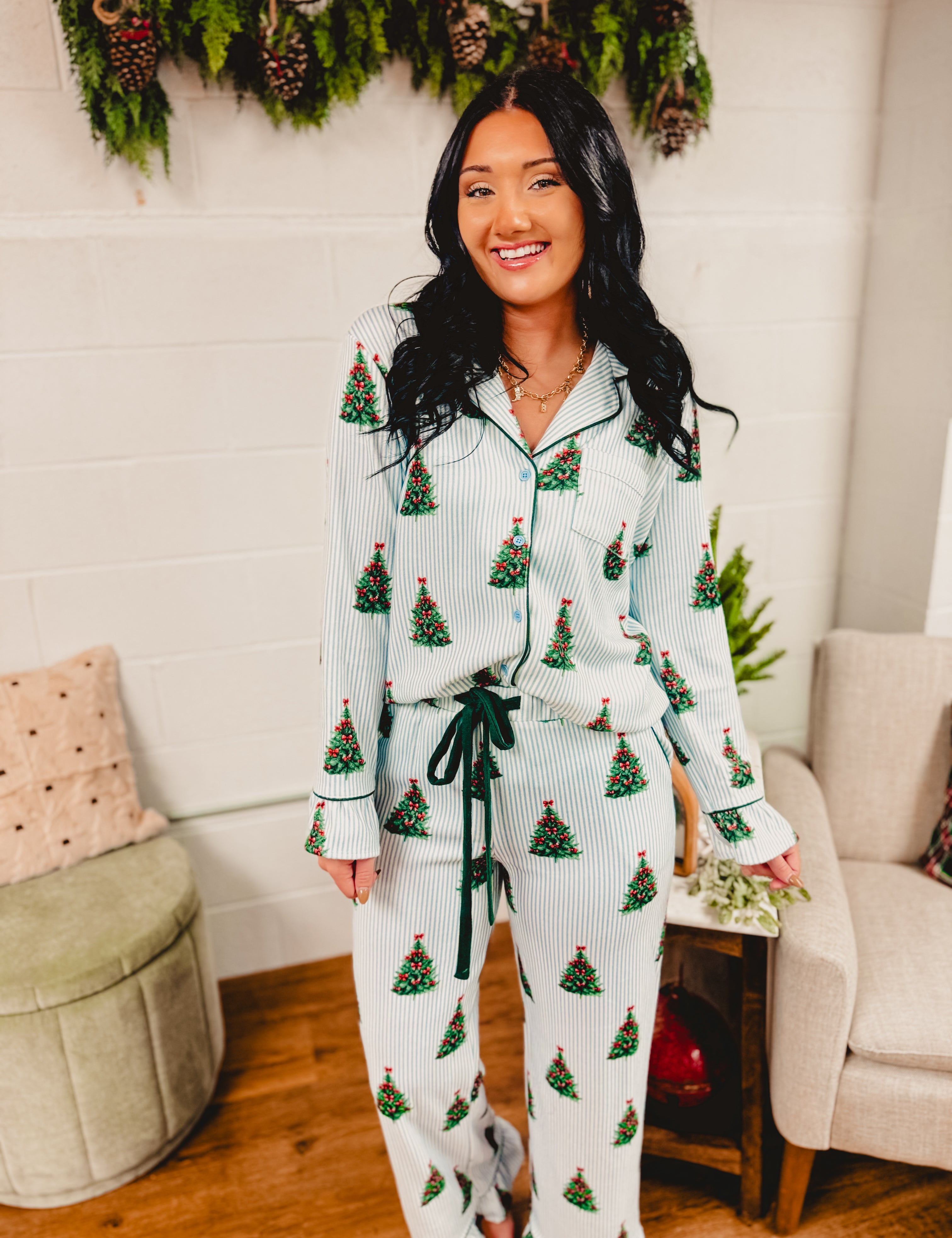 Striped Christmas tree pajama set in light blue/green.