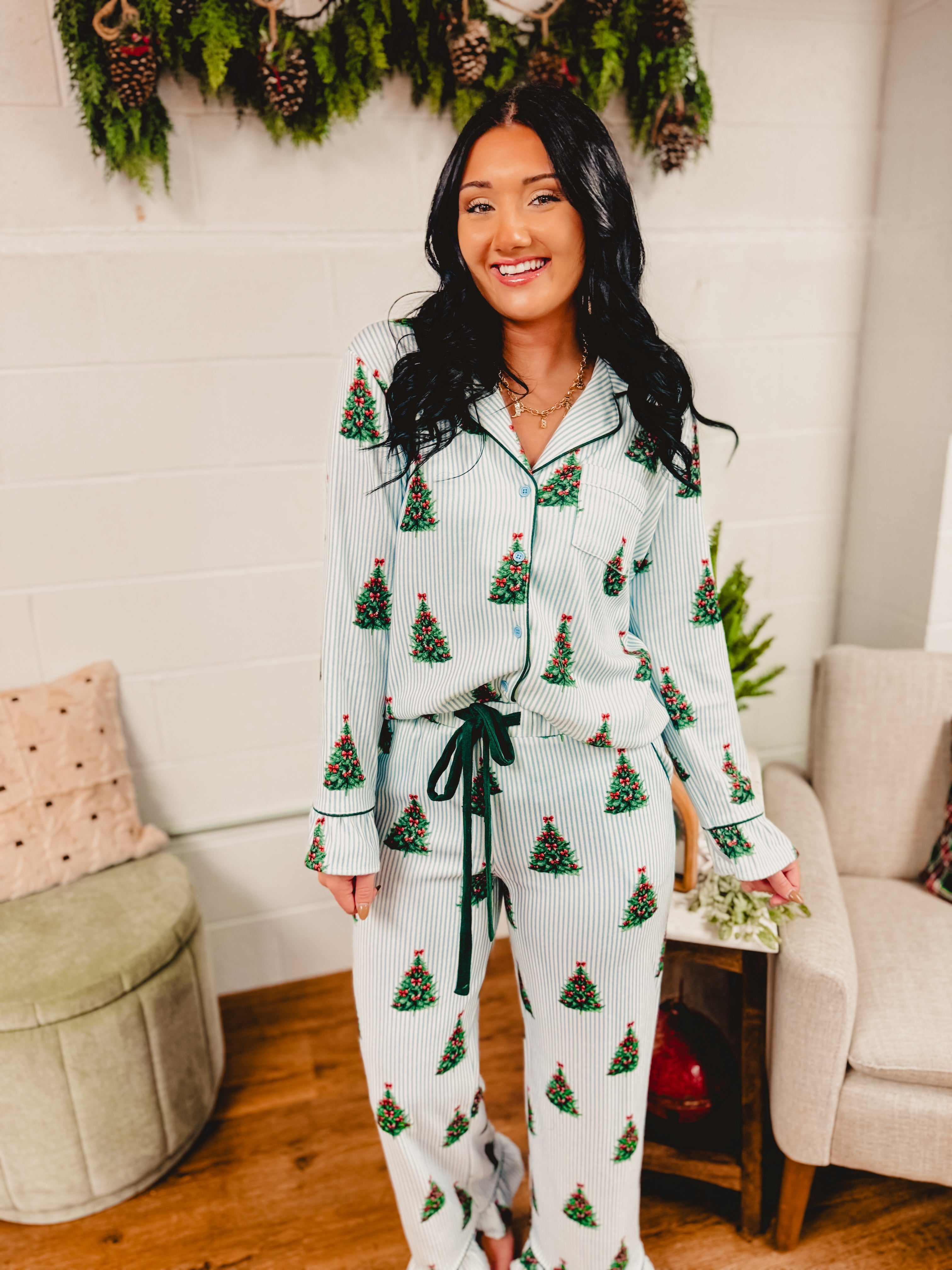 Striped Christmas tree pajama set in light blue/green.