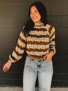 Mock neck floral striped knit long sleeve top in mocha.