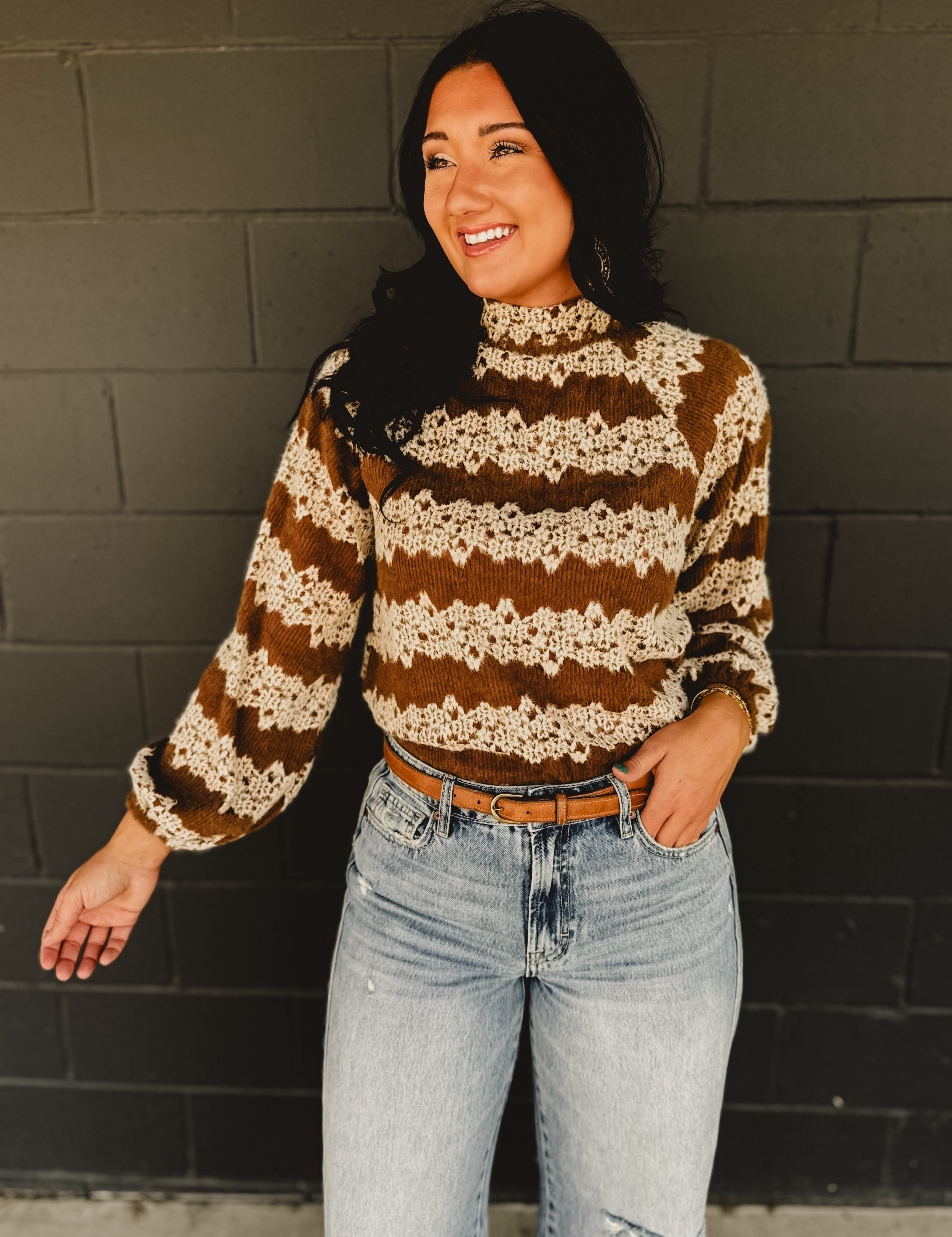 Mock neck floral striped knit long sleeve top in mocha.