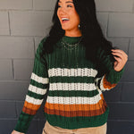 Striped detail crochet knit crewneck sweater in the color hunter green.