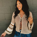 Scalloped edge striped bell sleeve crochet cardigan in mocha/olive.