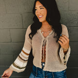 Scalloped edge striped bell sleeve crochet cardigan in mocha/olive.