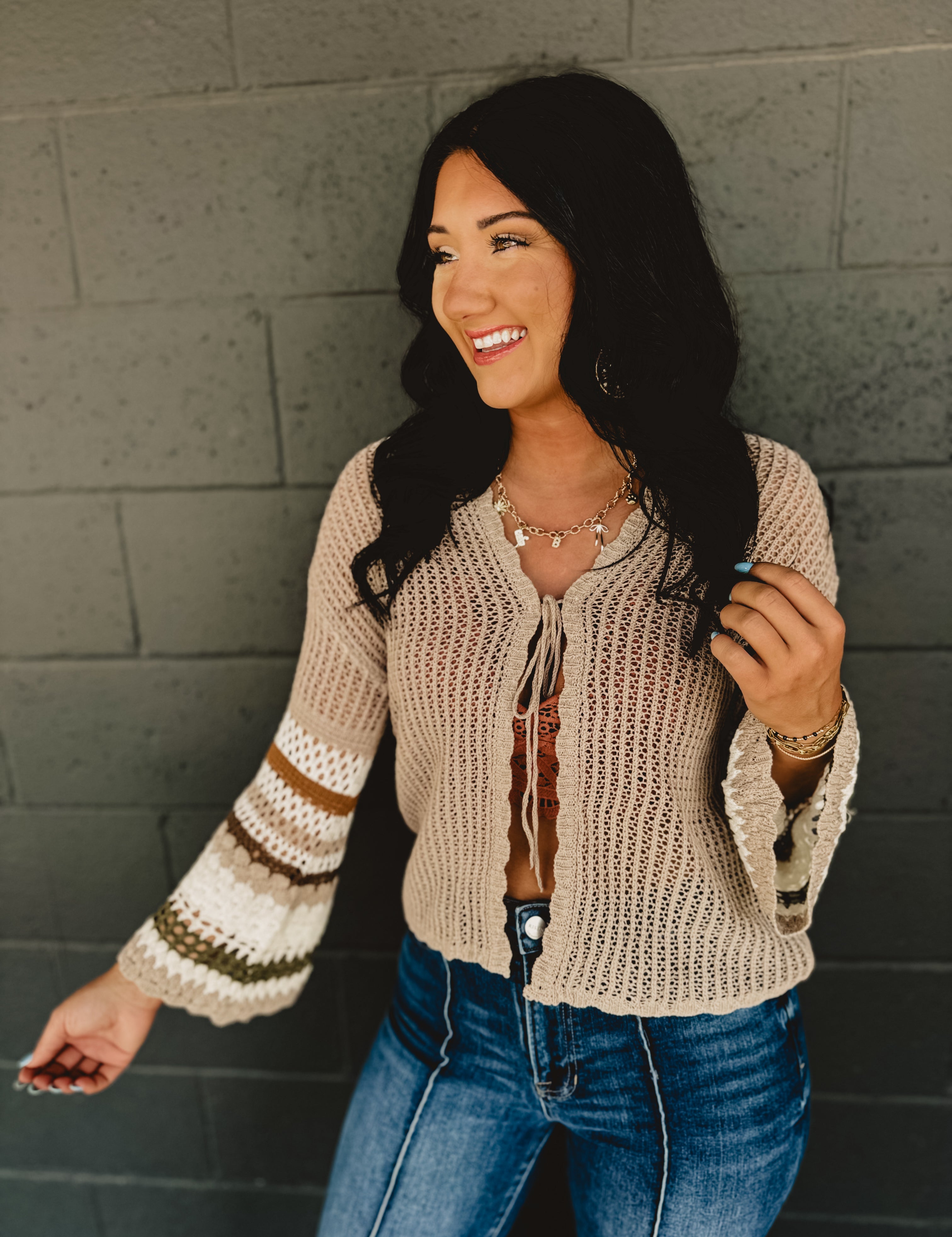 Scalloped edge striped bell sleeve crochet cardigan in mocha/olive.