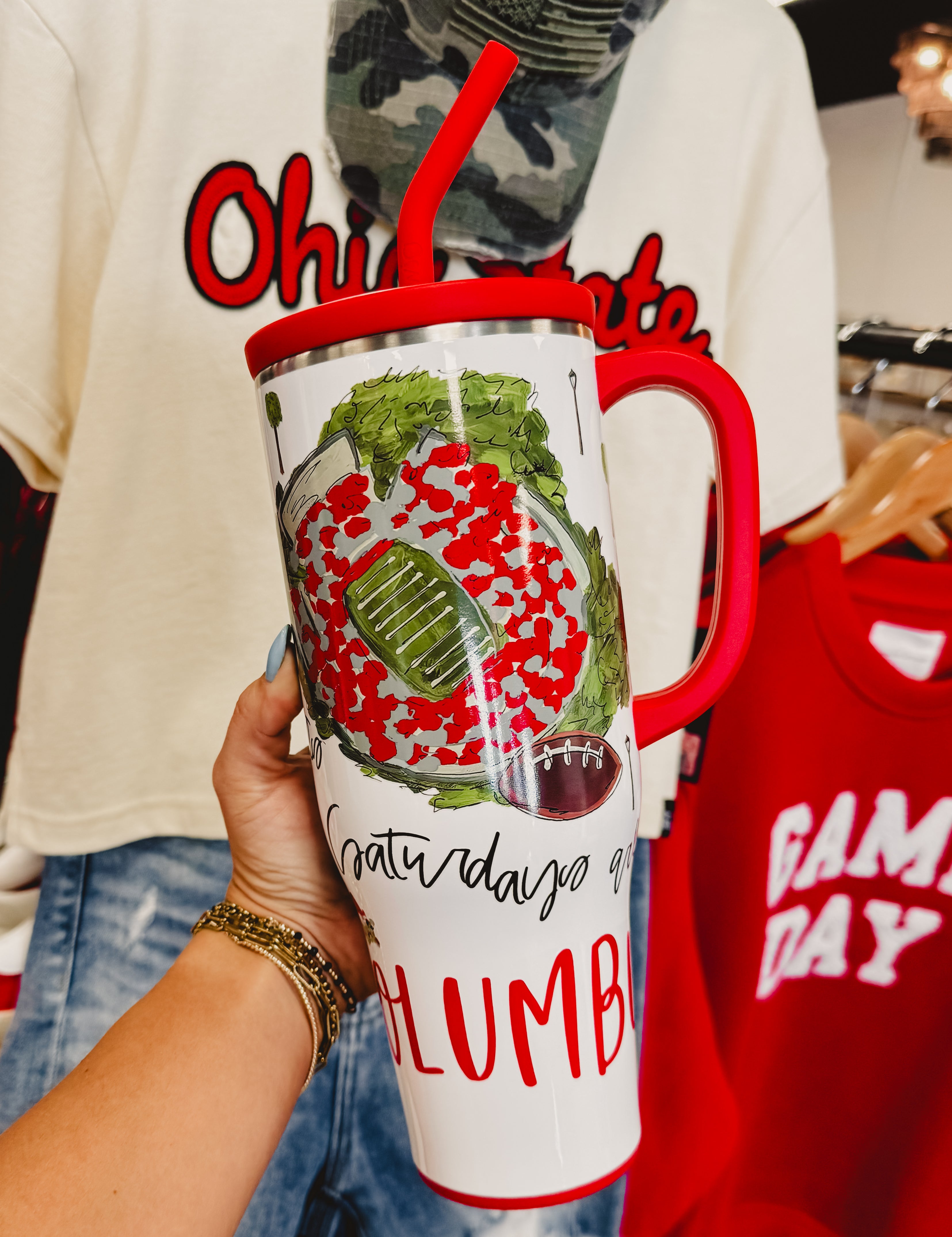Ohio "Saturdays in Columbus" Swig 40 oz. mega mug with a silicone straw and comfort-grip handle.