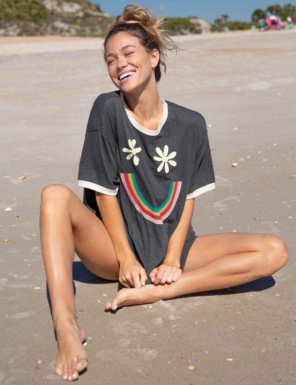 Smiley Ringer Oversized Tee - Charcoal - Lace and Grace Boutique