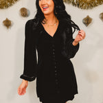 Velvet long sleeve v-neck button detail babydoll mini dress in black.