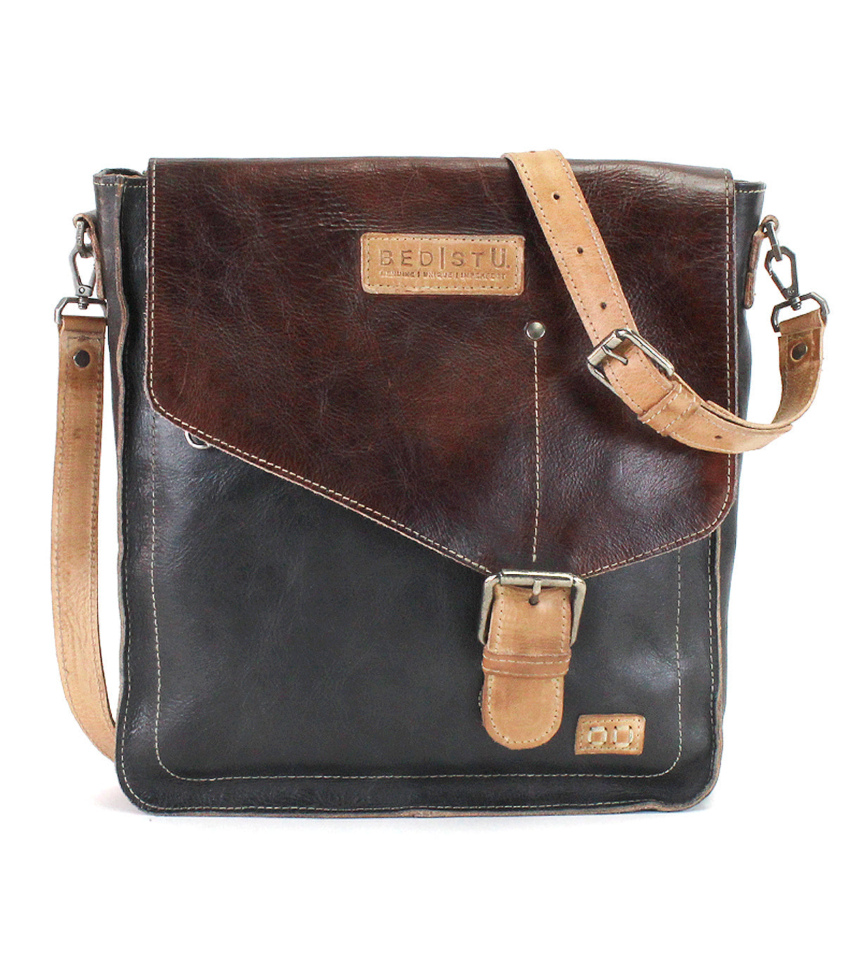 BedStu Venice Beach crossbody bag in java rustic, dark leather with a tan flap, buckle detail, and adjustable tan strap