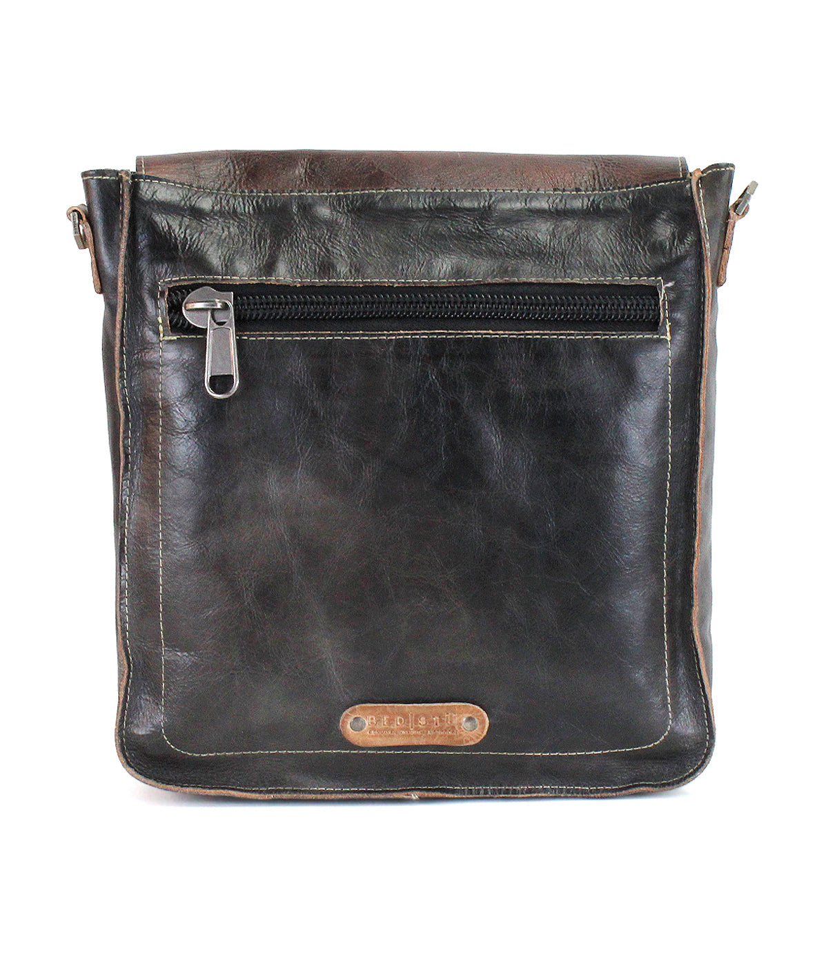 Back of the java rustic Venice Beach showing the exterior zip pocket and tan leather accents