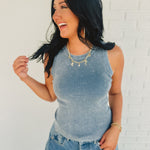 Dusty blue ribbed knit stretch tank with a round neck.