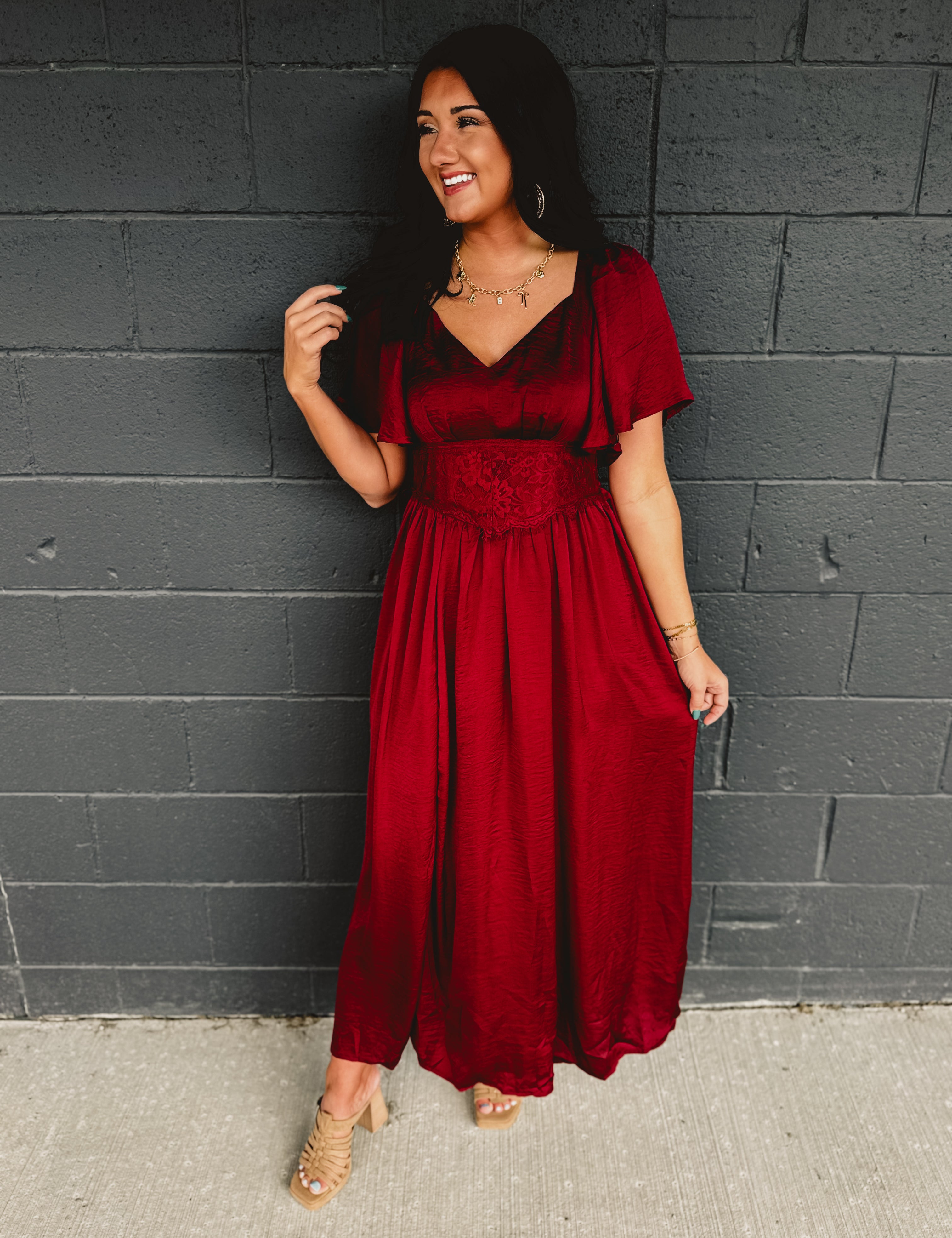 Empire waist washed satin maxi dress with short sleeves and waist lace detail.