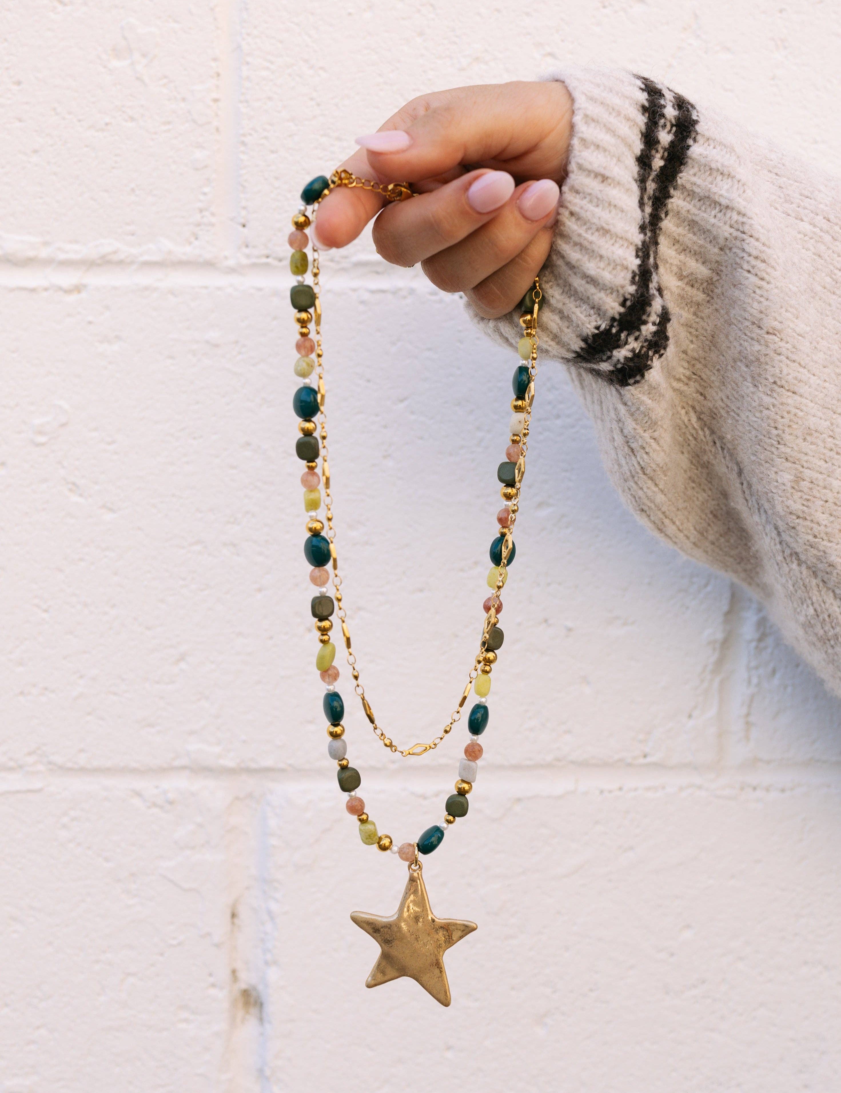 Star Pendant Layered Beaded & Chain Necklace - Green - Lace and Grace Boutique