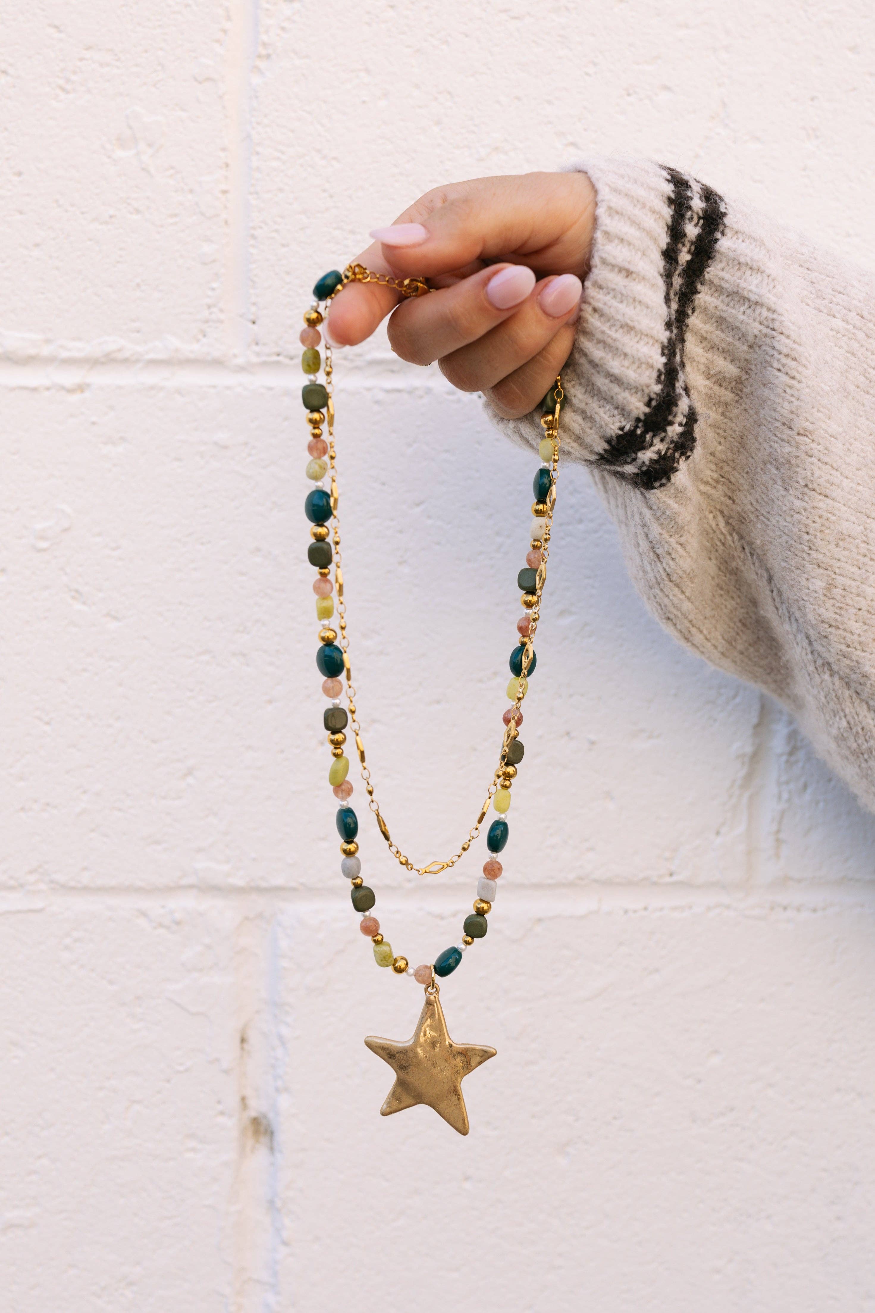 Star Pendant Layered Beaded & Chain Necklace - Green - Lace and Grace Boutique