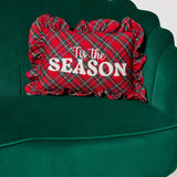 Tis the Season plaid ruffle pillow styled on a sofa