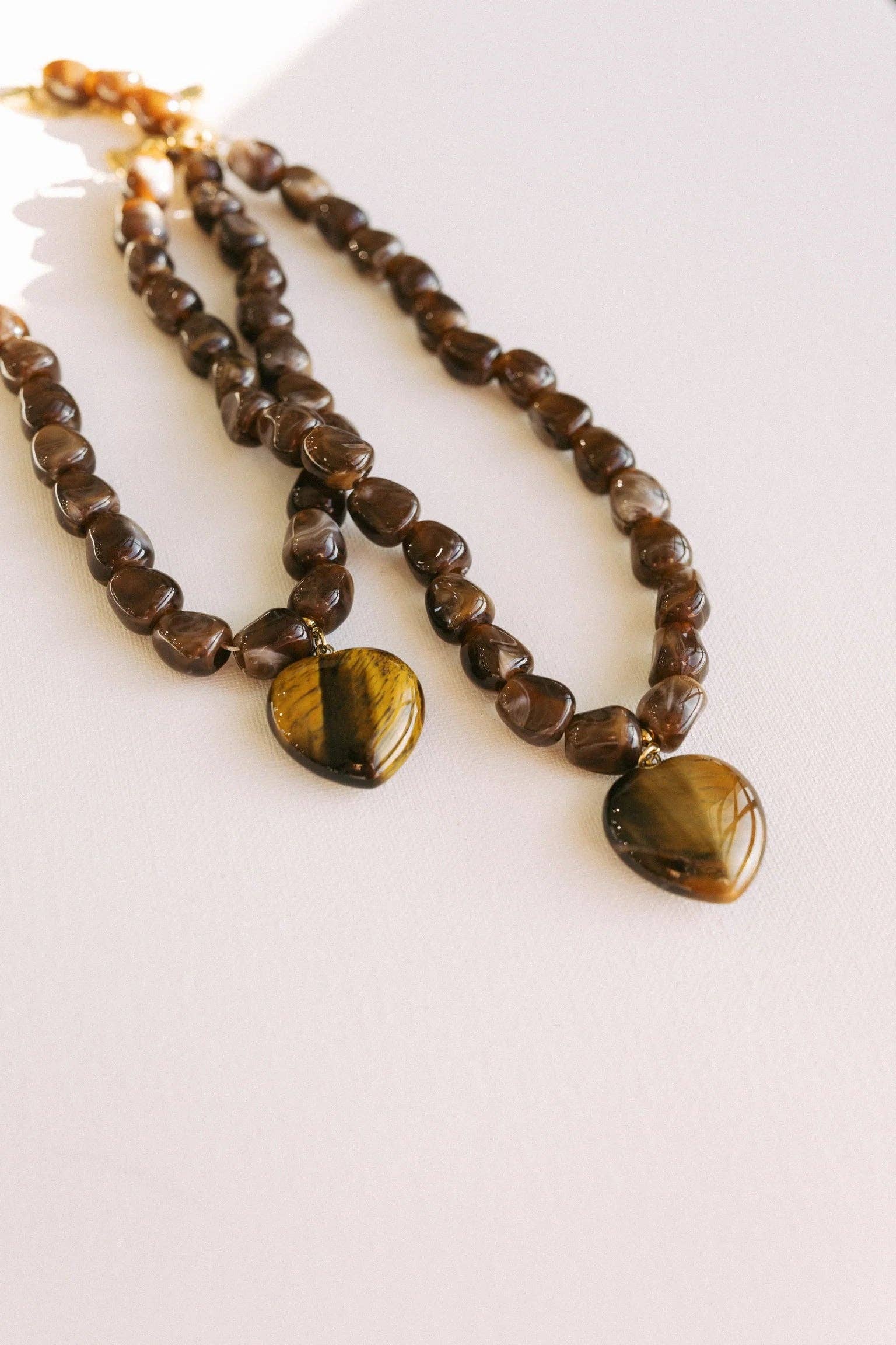 Jade Stone Heart Necklace - Brown - Lace and Grace Boutique