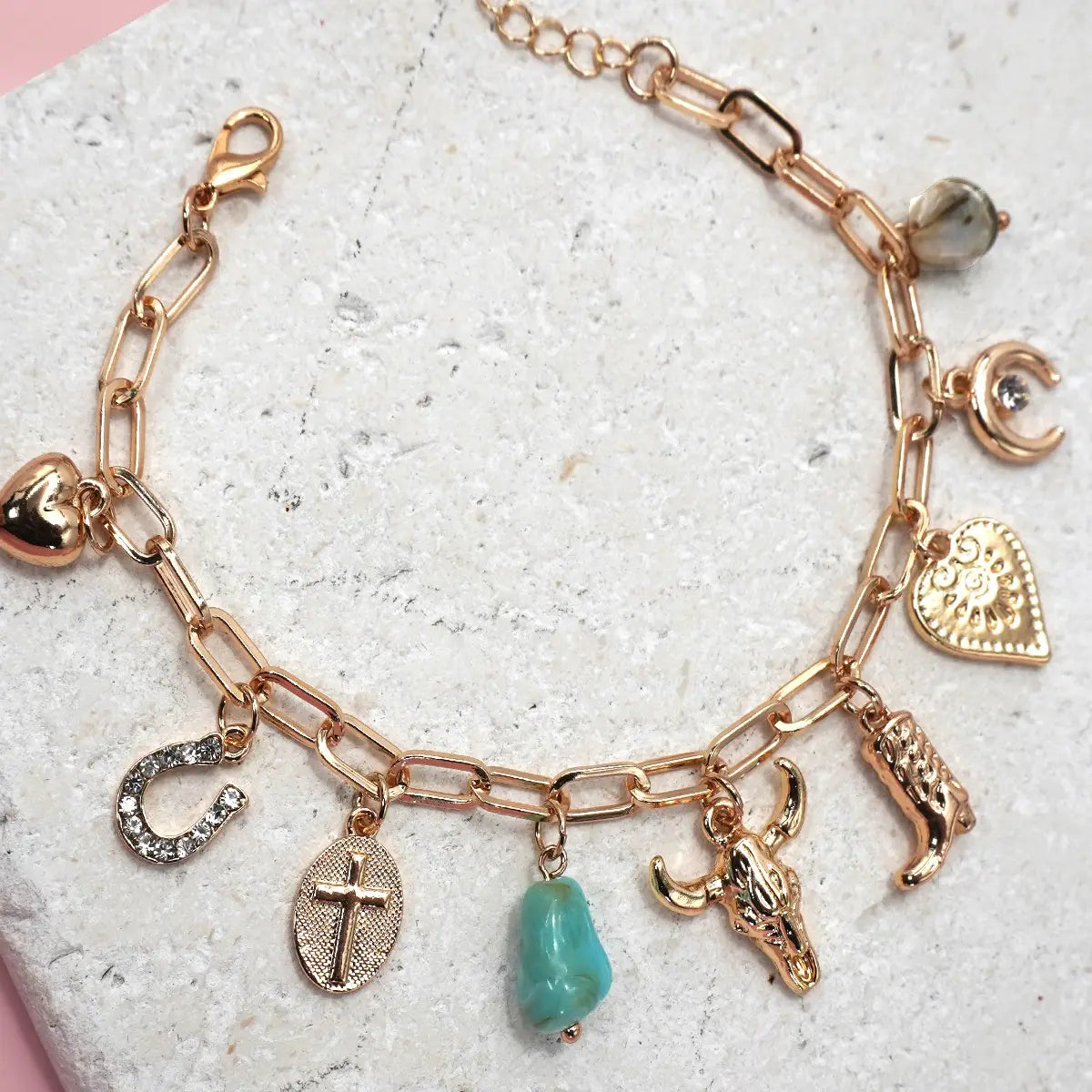 Western Boot, Bullhead, & Stone Charm Bracelet - Lace and Grace Boutique